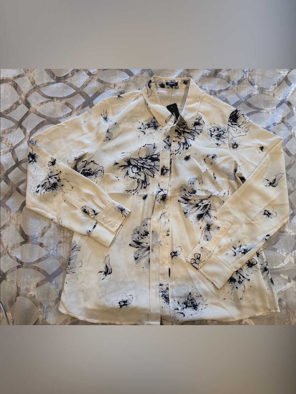 Express Cream Button-Down Blouse with Black Floral Print